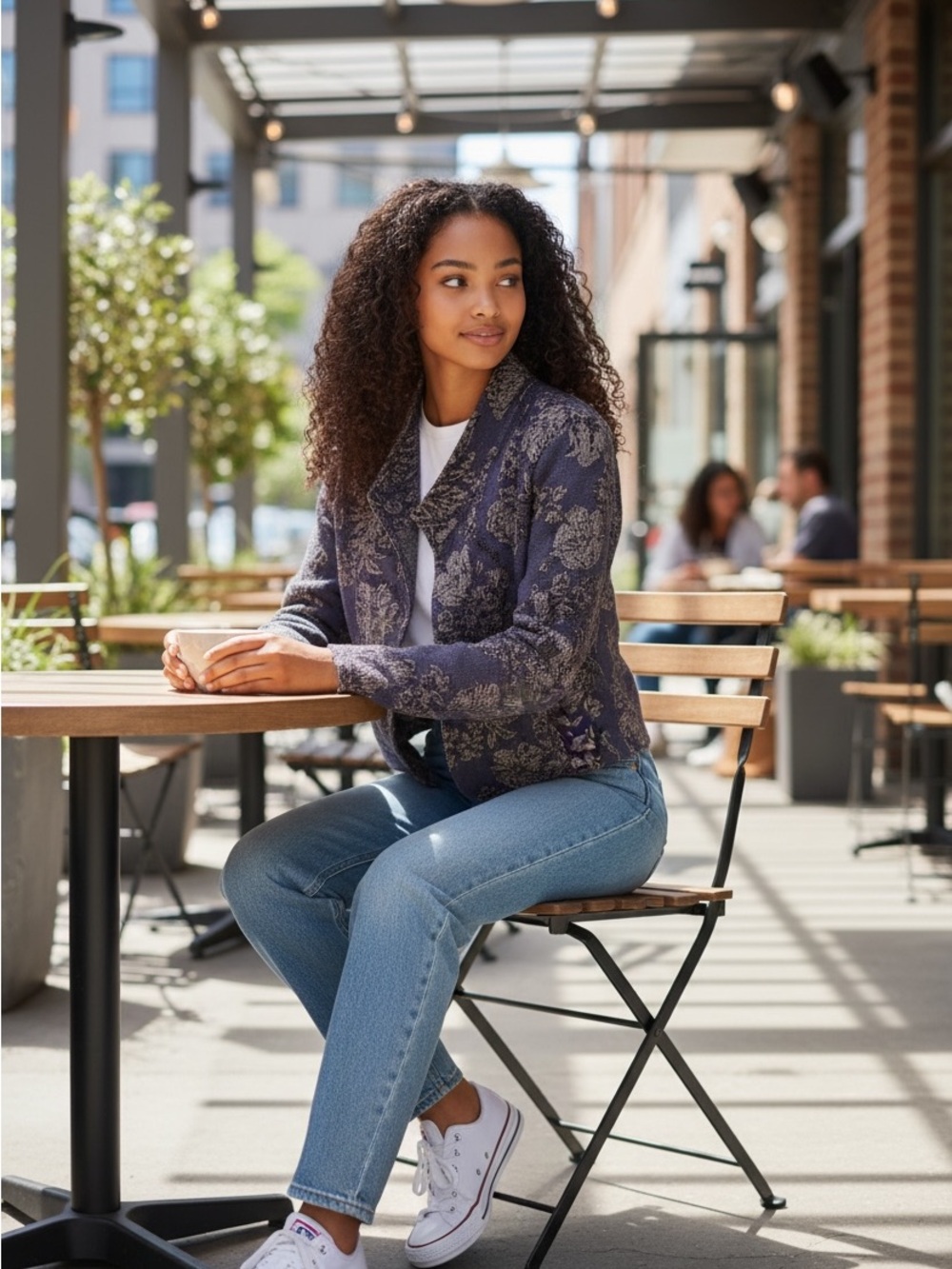 Anthropologie Navy Floral Knit Open-Front Jacket